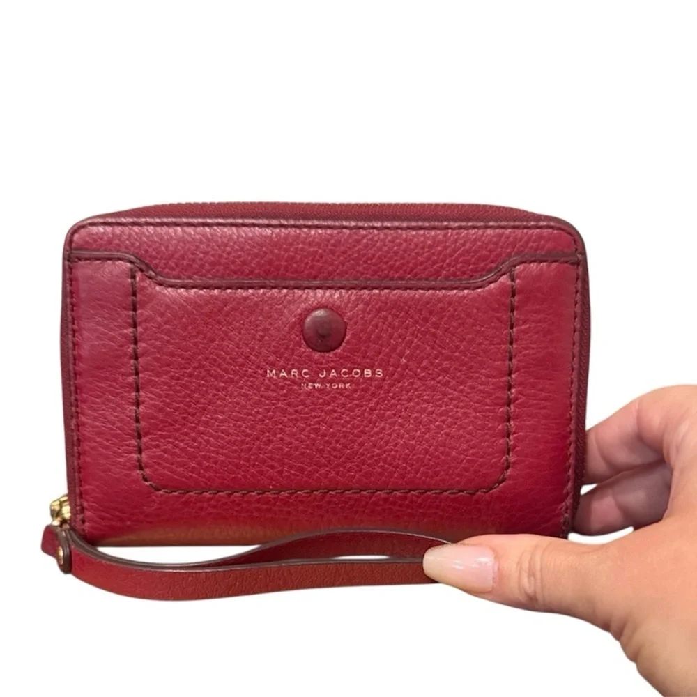 Marc Jacobs Cherry Red Leather Wristlet designer wallet coin purse gold trim